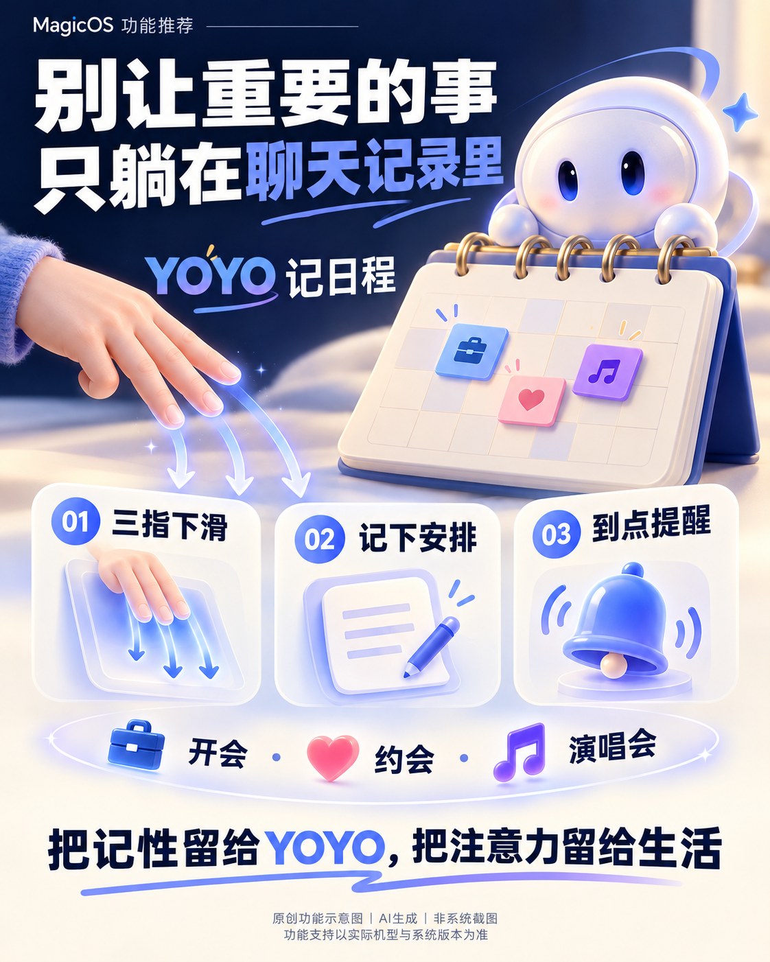 YOYO记日程原创功能示意配图：三指下滑、记下安排、到点提醒